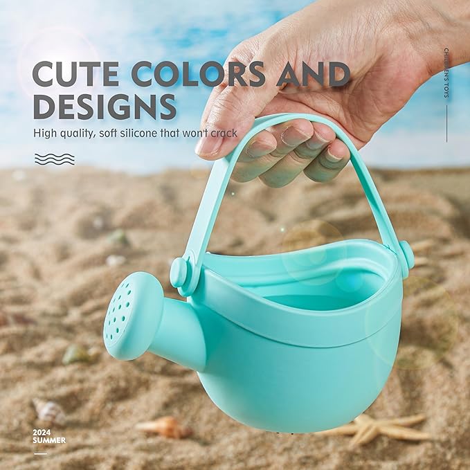 MarcZero 17Pcs Silicone Beach Toys,Modern Baby Beach Toys,Travel Friendly Beach Set,Silicone Bucket, Watering Can, Shovel, 12 Sand Molds, Beach Bag,Silicone Sand Toys for Toddlers, Kids (Mint Green)
