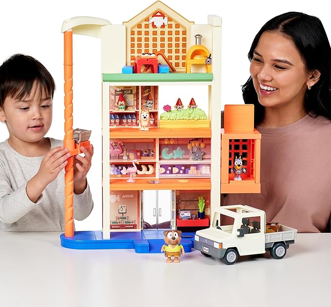 Bluey Hammerbarn Shopping Center Mega Set, 4 Level, 22" Tall Playset with Working Lift and Trolley Return, Lights and 45+ Sounds. 3 Figures. 15 Accessories & Tradie Ute Vehicle | Amazon Exclusive