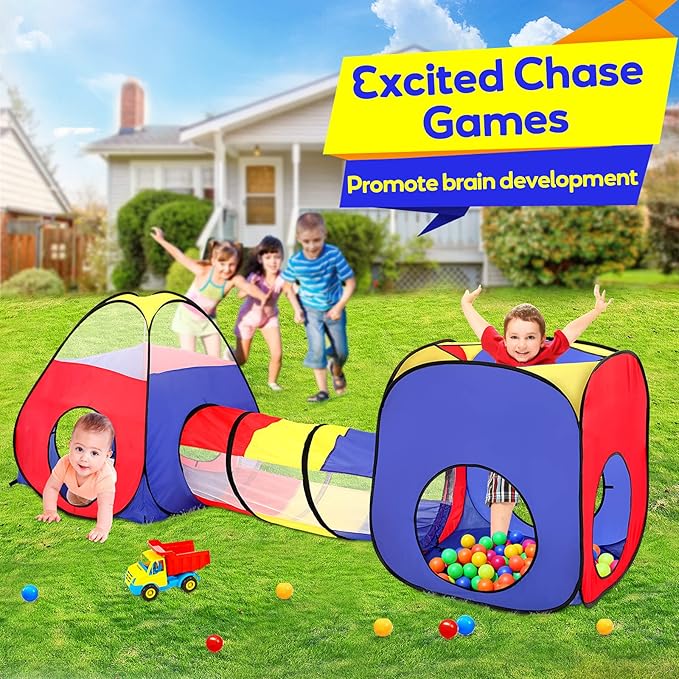 3-in-1 Kids Play Tent with Play Tunnels and Ball Pit, Pop Up Toddler Tent for Boys and Girls, Indoor and Outdoor Playhouse, Gift Idea