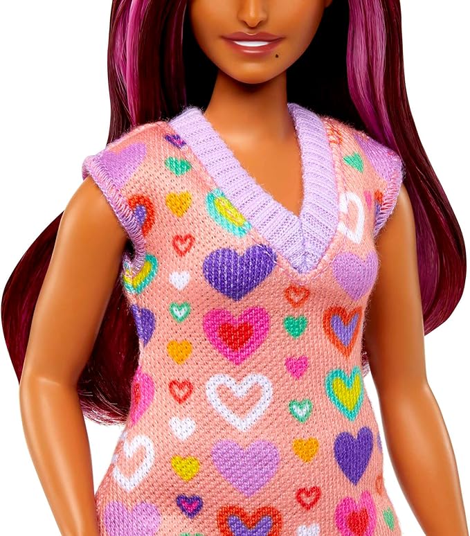 Barbie Fashionistas Doll #207 with Pink Hair Streaks Wearing Removable Heart-Print Sweater Dress, Sunglasses & Platform Shoes