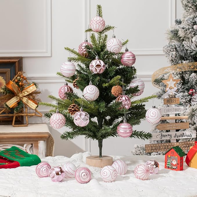 100Pcs Christmas Ball Ornaments Set, Shatterproof Plastic Pink and White Christmas Ornaments for Xmas Tree, Assorted Baubles Hanging Decorations for Holiday/Party/Wedding