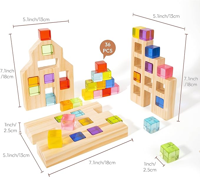 Wooden Building Blocks Set for Kids, 36 PCS Rainbow Acrylic Gem Cubes Blocks - 3 Wood House, Montessori Stacking Toy for Toddlers, Educational STEM Easter Toys for Boys Girls 3-6