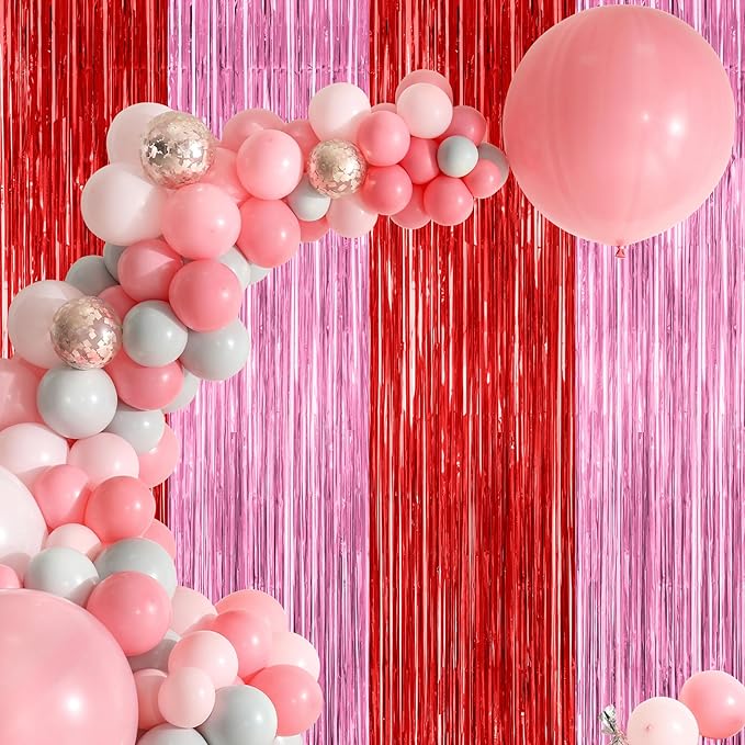 2 Pack Backdrop Curtains, 3.28 Feet x 7.05 Feet Red Pink Backdrop, Metallic Fringe Curtains Tinsel Backdrop Party Streamer, Babie Backdrop Happy Birthday Party Supplies Decorations