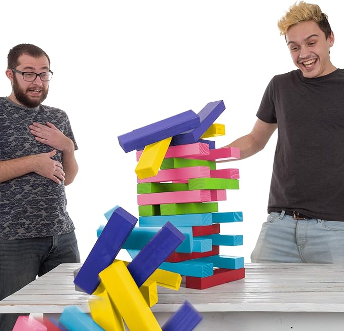 Hey! Play! Nontraditional Giant Wooden Blocks Tower Stacking Game with Dice, Outdoor Yard Game, for Adults, Kids, Boys and Girls (Rainbow Color)