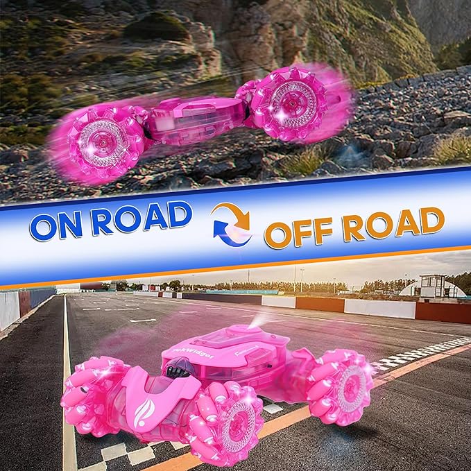 Pink Remote Control Car for Girls, Gesture Sensing Stunt Remote Control with Light & Music, 4WD 360° Rotating, 2.4Ghz RC Car, Birthday Gift for Kids Age 3-12 & 4-10 Best Gift for Girls