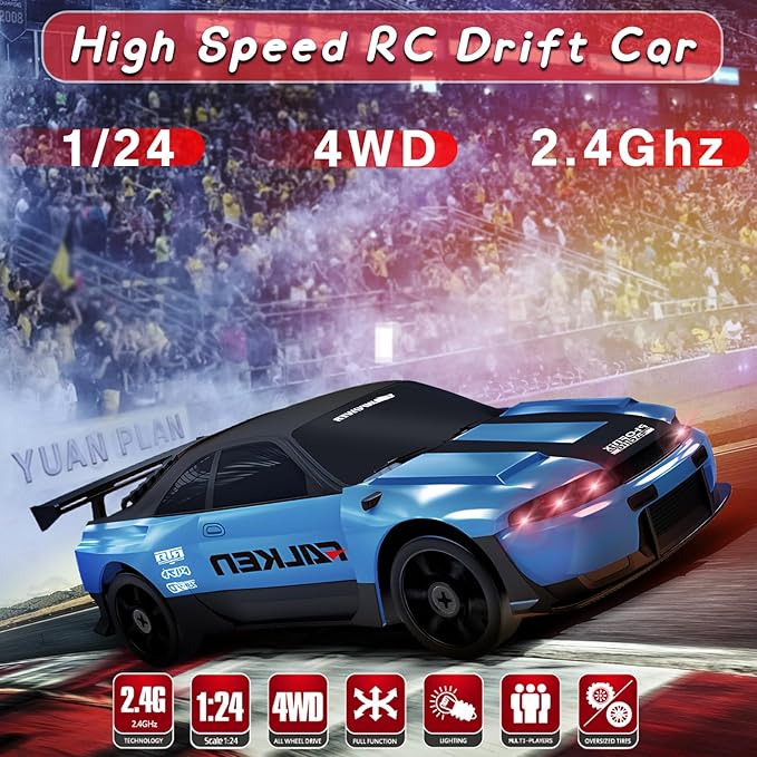 1/24 4WD High Speed RC Car with LED Light, Two Rechargeable Batteries and Drift Tires, RC Car for Kids and Adults, Blue
