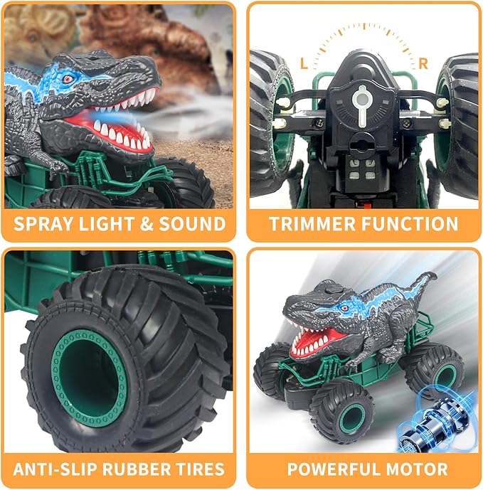 Dinosaur Remote Control Car, 2.4GHz RC Mega Monster Truck Toys for Toddlers, Dinosaur Toys with Light Sound Spray, Christmas and Birthday Gifts for 2 3 4 5 6 7 8-12 Kids Boys,All Terrain RC Cars