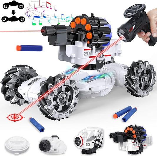 4 Head RC Tank Cars That Shoots Nerf Bullets, Bubble, Spray, Nerf Tank Remote Control Car for Boys 6 7 8 9 10 11 12 Year Old, RC Stunt Car Chase Light Control, LED Light, Music, Kids Toy Gift