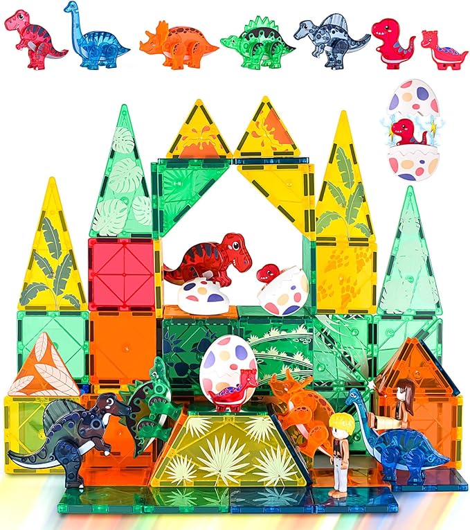 Dinosaurs Egg Toys Magnetic Tiles Dinos for Kids 3-5, Magnet 3D Movable Animals Construction Tile for Toddlers Ages 5-7, Building Blocks for Boys Girls 3+ 4-8 8-12 Year Old
