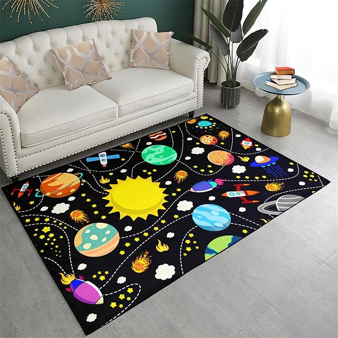 Space Rug for Boys Room - 2.5×4 ft Outer Space Rugs for Boys Bedroom Living Room Cute Cartoon Universe Theme Pattern Carpet Rug Kids Home Decor Floor Mats Doormats Crystal Polyester Galaxy Area Rug