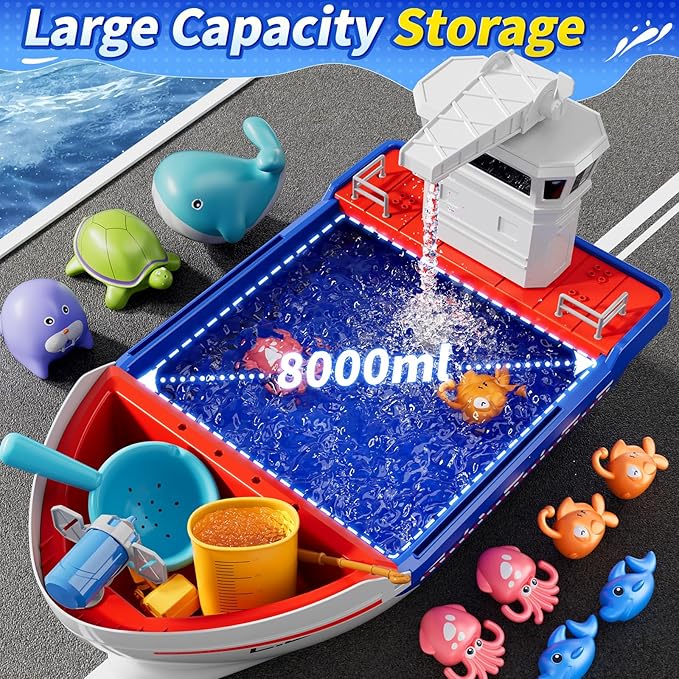 Ship Toys Water Tables for Kids Ages 2 3 4 5 6 - Electrical Play Boat for Toddlers 3-5, Fishing Game with 6 Fishes, Summer Water Sand Playset, Pool Beach Bath Toys, Gifts for Boys Girls 4-7