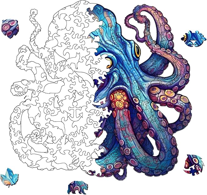 Wooden Puzzles for Adults, Octopus Wooden Jigsaw Puzzle, Premium Box Unique Shaped Ocean Puzzle, Wood Cut Puzzles, Best Family Ideas (L-11.4 * 11.4in-226pcs)