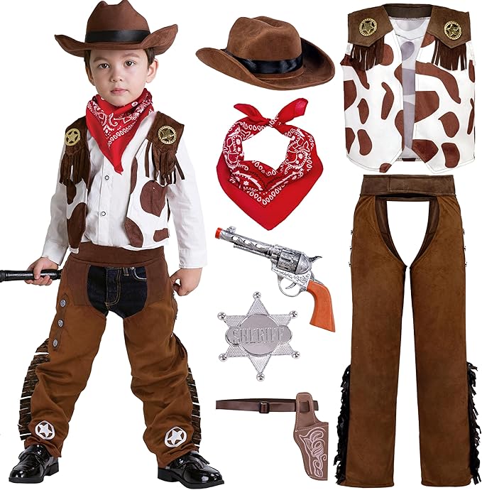 Spooktacular Creations Halloween Cowboy Costume for Boys, Kids White Brown Western Costume, Deluxe Cowboy Outfit Set with Hat for Toddler Halloween Dress-up, RolePlay Themed Party (3T, 3-4 yrs)