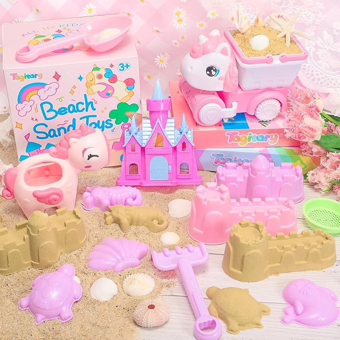 Tagitary Beach Toy Unicorn Sand Toys for Kids,Sand Castle Toys for Beach with Mesh Bag,Sand Shovels,Castle Sand Kits,Sifters,Unicorn Watering Can and Truck,Beach Essential Outdoor Toys for Kids