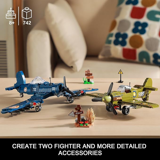 WW2 Military Plane Building Sets Compatible with Lego, Create US F4U & UK Spitfire Fighter Jet Models Toys, Great Army Airplane Aircraft Gifts for Boys Kids