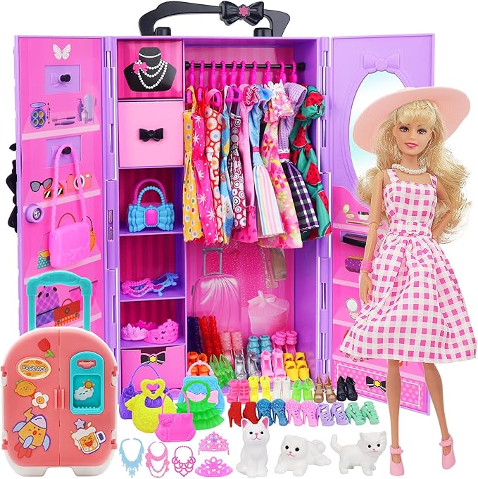 K.T. Fancy 83 Pcs Dolls & Accessories with Purple Closet Wardrobe for 11.5 Inch Doll Dress Up Set Including Wardrobe Shoes, Wallet, Dress Hangers, Brush, Necklace, Pet and Other Accessories
