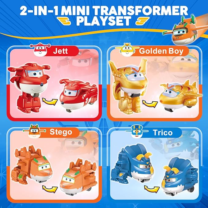 Super Wings 14-Pack Transforming Toys, 2 inch Airplane Collector Character Toy with Dinosaur Mini Collectible Action Figure with Poke Open Gift Pack, Small Figurines Kids Toy for Boys Girls Ages 3 Up