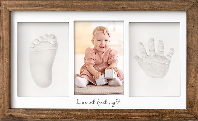 Baby Hand and Footprint Kit - Clay Handprint Keepsake Frame, Newborn Nursery Picture Frame, Personalized New Mom Gifts for Baby Shower & Registry (Medium Oak)