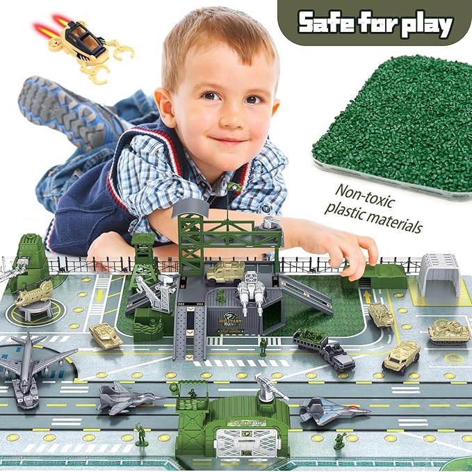 CORPER TOYS Military Base Set with Tank,Airplane,Fighter Jet,Mini Army Men Action Figures,Play Map with Vehicles Accessories Playset for Kids Gift for Birthday