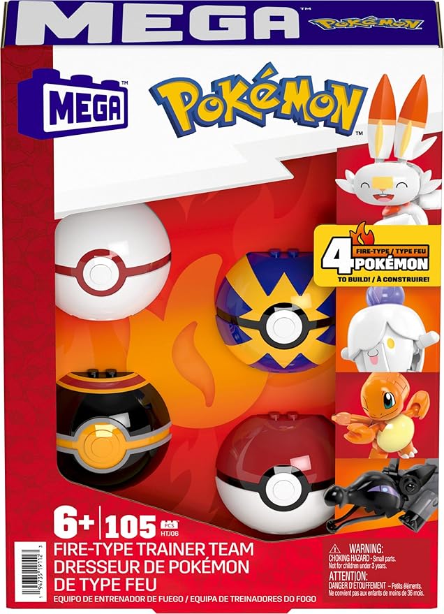 MEGA Pokémon Building Toys Set Fire-Type Trainer Team with 105 Pieces, 4 Poseable Character, 2 Inches Tall, for Kids