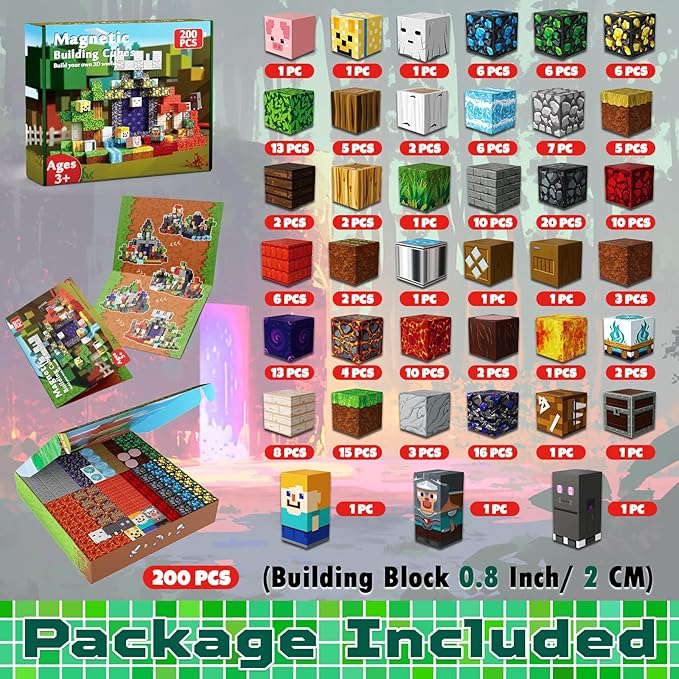 200PCS Magnetic Building Blocks - Stacking Magnets for Kids, Sensory Toy for Toddlers STEM Learning, Birthday Gifts for 3-10 Years Old Boys Girls, Magnetic Blocks for Kids Ages 4 5 6 7 8
