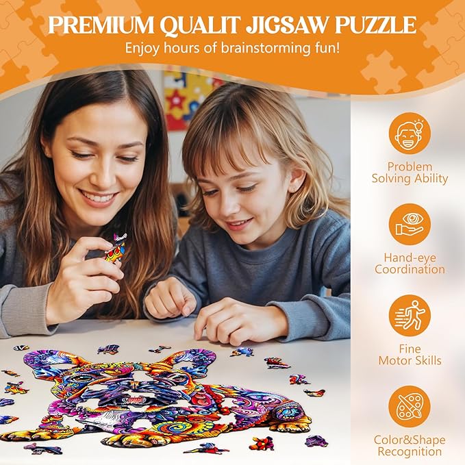 Wooden Puzzles for Adults, Jigsaw Puzzles for Adults Kids, French Bulldog Wooden Puzzle Unique Shaped Wood Puzzles Adult, Birthday Gifts for Friends Family Game (13.4 * 12.8in 250pcs)