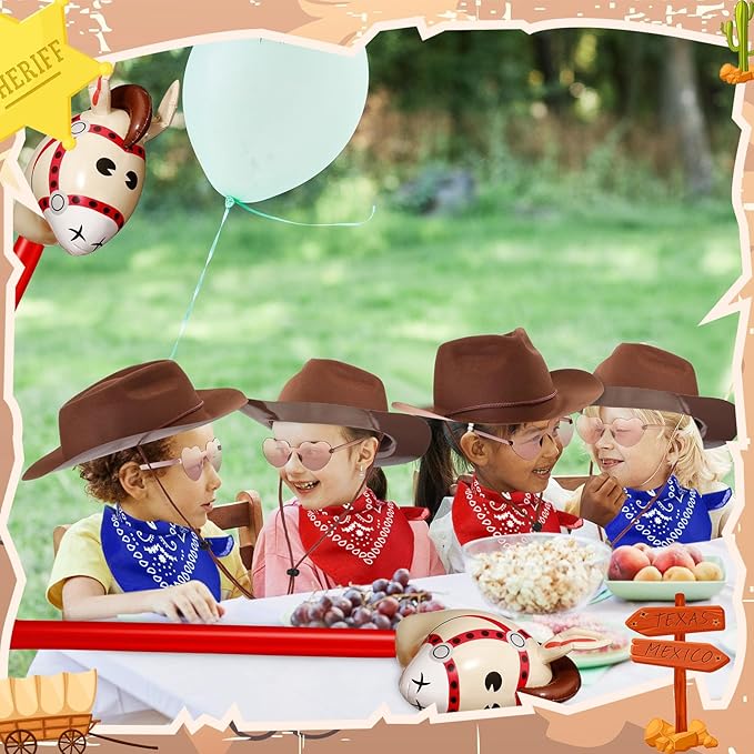 Xtinmee 48 Pcs Kids Cowboy Party Favor with Cowboy Hats Inflatable Stick Horses Bandanas Heart Glasses for Kid Costume(Brown)