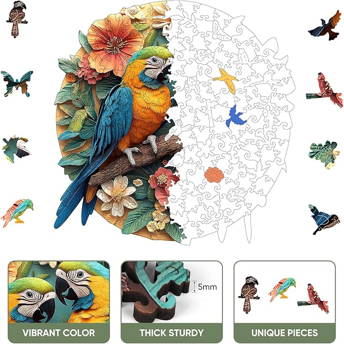 Colorful Parrots 500 Pieces Wooden Jigsaw Puzzles for Adults Unique Irregular Shapes Fun Challenging Bird Puzzles for Kids and Couples on Birthday,Children's Day,Christmas,16.2"x16.5"