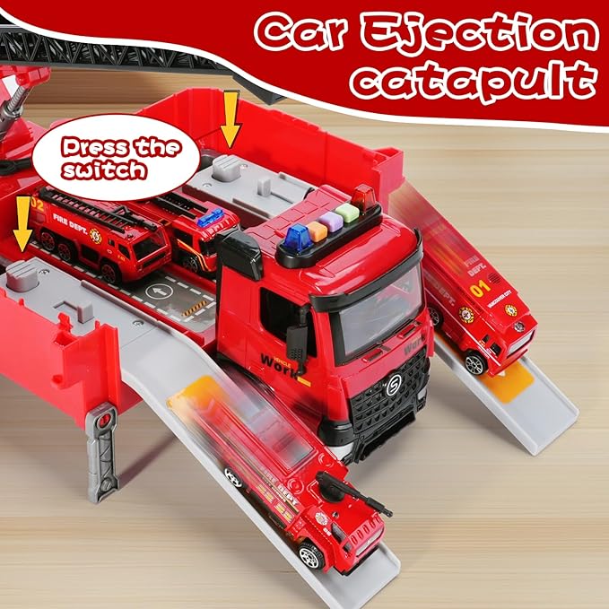 Toy Fire Truck Rescue Firetruck - Transformer Ejector Truck Car Race Track Home Outdoor Shool Toddler Kids Ages 2 3 4 5 6 7 8 Year Old Boys Girls Children Christmas Birthday Gift Ladder Real Water Jet