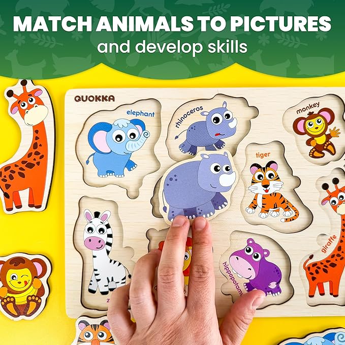 QUOKKA Wooden Puzzles for Toddlers 1-2 – Gift Realistic Educational Game for Boy and Girl - Animal Wild Learning Toy for Kids – Set Pegged Puzzles for Kids Ages 1-2