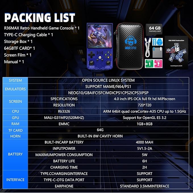 R36MAX Retro Handheld Game Console, 18000+ HD Games Mini Retro Video Console, 4.0 Inch IPS Screen, 64GB Memory, Portable Arcade Video Gaming Console Gift for Adults, Blue