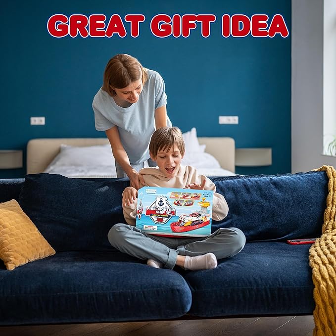 ArtCreativity Light Up Boat Toy with Sounds - Colorful Fire Dept Model Ship with Wheels & 3 Alloy Metal Cars - Kids Ferry Boat for Imaginative Play - Kids Birthday Gift Party Favor