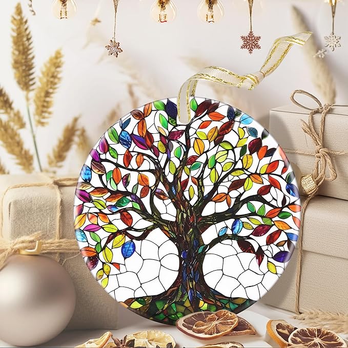 3.5 Inch Ceramic Christmas Tree Ornament, Tree of Life Christmas Ornaments, Heirloom Keepsake, Gift Exchange, Gift Idea, Bauble Present