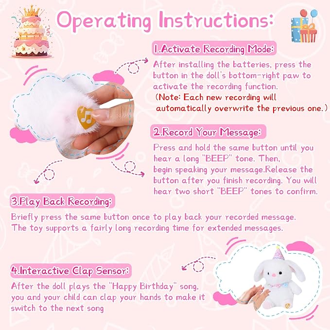 Birthday Bunny Plush Toy Clap Activated with Voice Recording Singing Dancing Interactive Stuffed Animal Gift for Toddler Kids Boys Girls