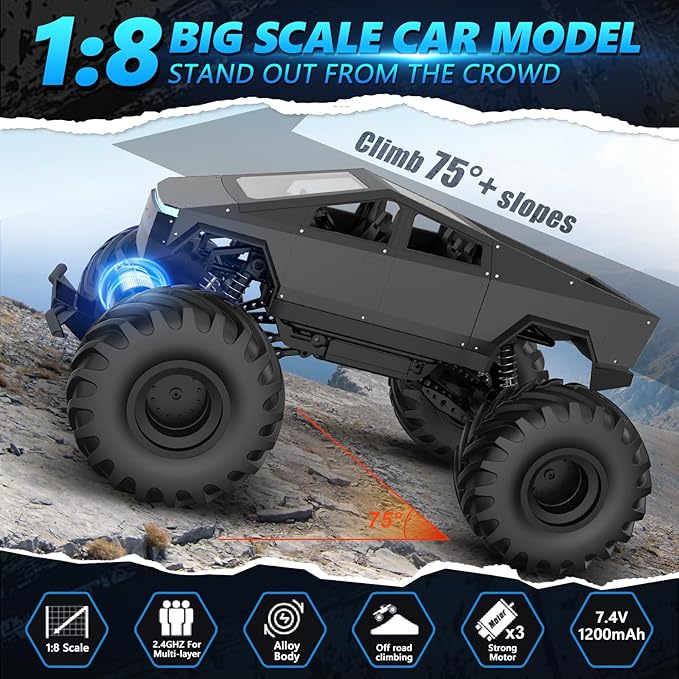 INGQU® 1:8 Big Monster Truck Toys, XXX-Large Alloy 4WD Off Road Remote Control Truck with 3 Powerful Motors LED Headlight, 2.4GHz All Terrain Rock Crawler RC Truck for Boys Kids Age 6 7 8 9 10-12+