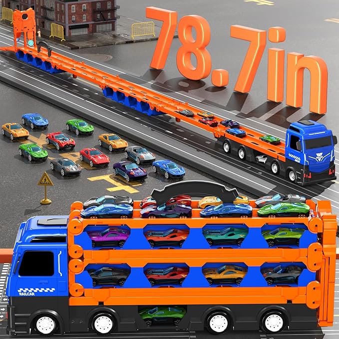 78-Inch Cars Trucks Toys for Toddlers 1-3 2-4 3-5 4-7 Years Old Boys Kids, Transport Truck with 24 Pcs Die-Cast Cars, Toy Gifts for 3 4 5 6 Year Old Boys, Toddler Gift Toys Ages 3-5 4-7