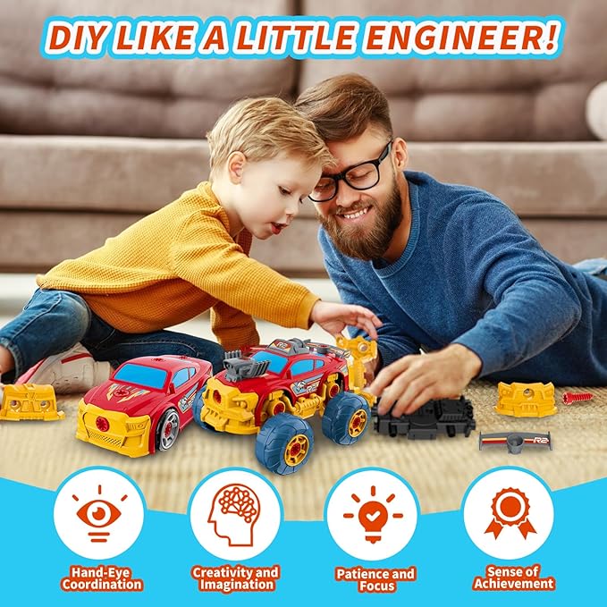 Pup Go 3-in-1 Take Apart Car for Boys with Electric Drill, 46Pcs Construction Toy Truck, Build Your Own Toy Car with Play Tools, Ideal STEM Gift for Kids Children Ages 3 4 5 6 7 8 9 Year Old Red