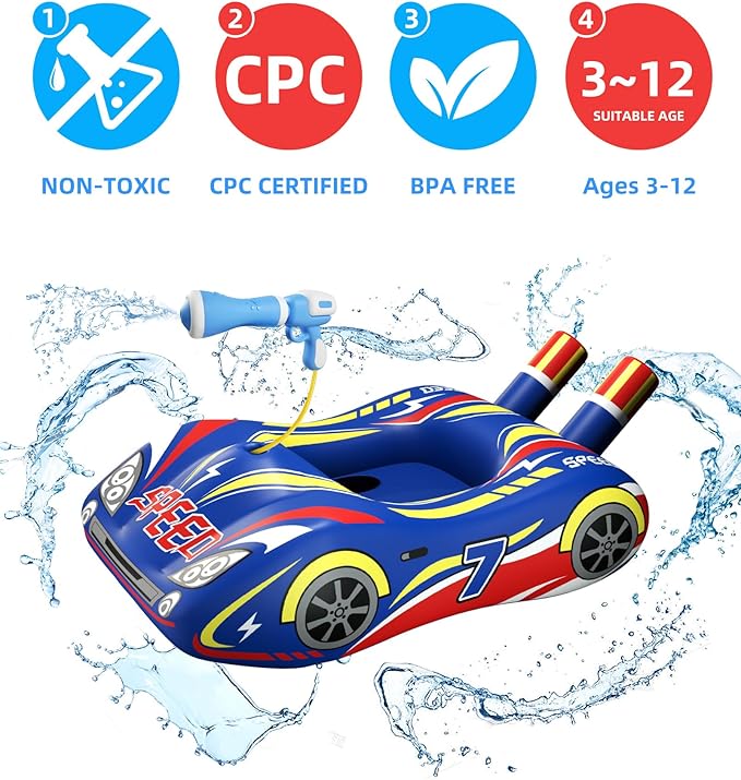JOSEN Pool Floats Kids with Water Gun, Inflatable Ride-on Car Funny Pool Floats for Kids Ages 3-8, Toddler Pool Float, Summer Outdoor Lake Beach Party Pool Toys for Boys Girls