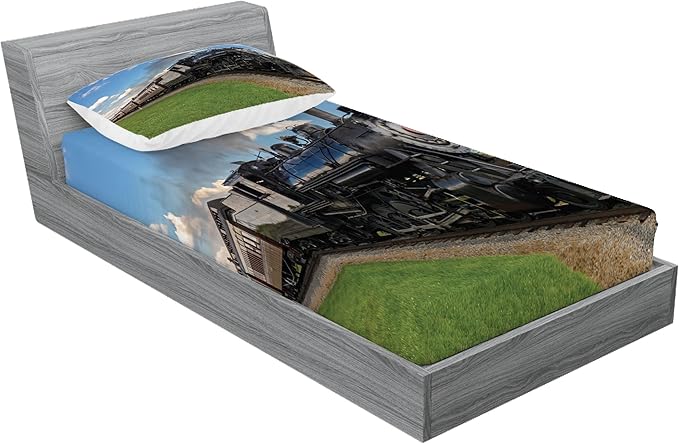 Ambesonne Steam Engine Bedding Set with Sheet & Covers, Vintage Locomotive in Countryside Scenery Green Grass Puff Train Picture, Printed Bedroom Decor with Sham, Twinxl, Blue Green