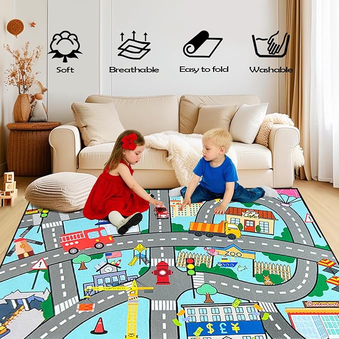 Car Track Rug - Car Rugs for Kids Toy Cars City Life Car Road Rug Large Kids Play Mat Car Carpet for Boys Girls Playroom Living Room Bedroom Classroom, 5'×7'