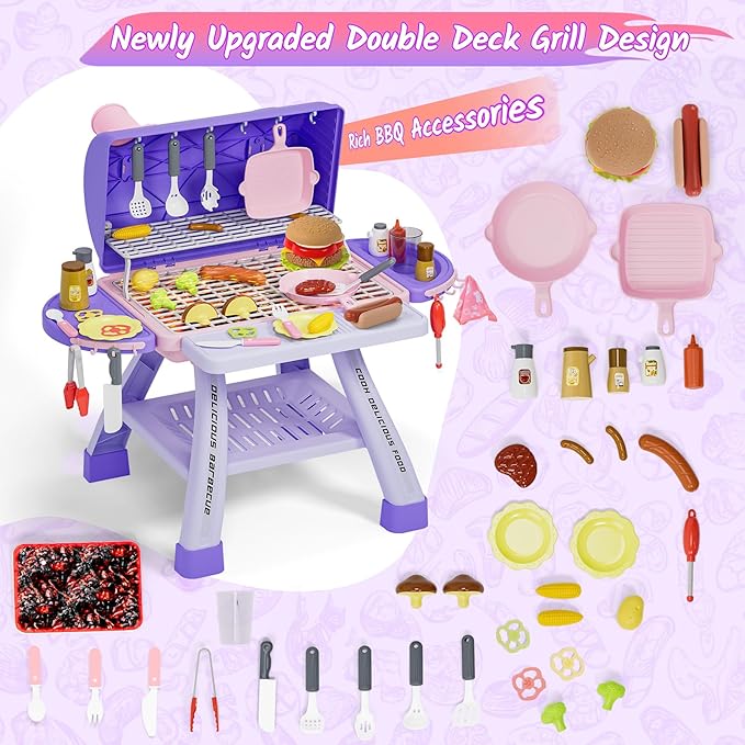 New Upgraded Kids BBQ Grill Playset with Smoke, Sound&Light, Toy Grill for Girls, Pretend Food Hamburger, Kitchen Barbecue Toy Game, Christmas Birthday Gift for 3-5 Kids, Pink & Purple