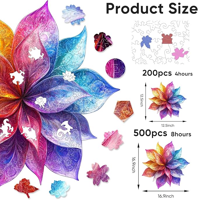 Colorful Flower 200 Pieces Wooden Jigsaw Puzzles for Adults with Unique Irregular Shape Fun Challenging Puzzles for Kids and Couples on Birthday, Father's Day, Christmas 13"*13"