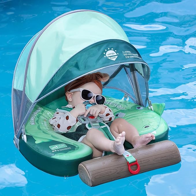Mambobaby Float Add Tail Baby Swim Float with Canopy Solid Pool Infant Swim Trainer Swimming Training Lying Air Free Water Floats Non-Inflatable Waist Swim Ring for Toddlers (Crocodiles)