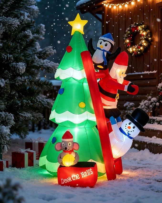 6FT Inflatable Christmas Tree with LED Lights, Blow Up Christmas with Penguin Snowman Santa and Mouse Outdoor Yard and Indoor Holiday Decor for Patio Garden Lawn