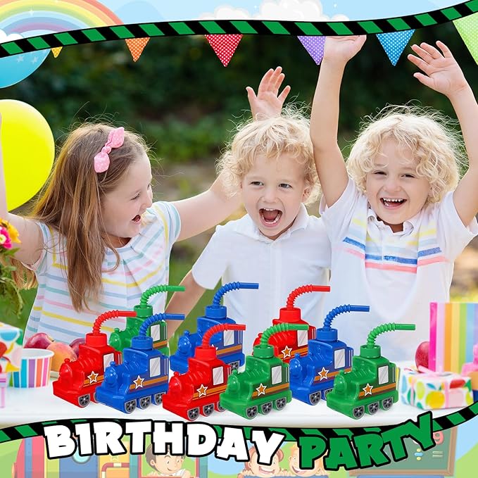 Tanlade 24 Sets 10 oz Plastic Train Shape Cup Traffic Vehicle Party Favor Supplies Train Cups with Straws, Reusable Vehicle Plastic Cups Bulk Birthday Party Favor