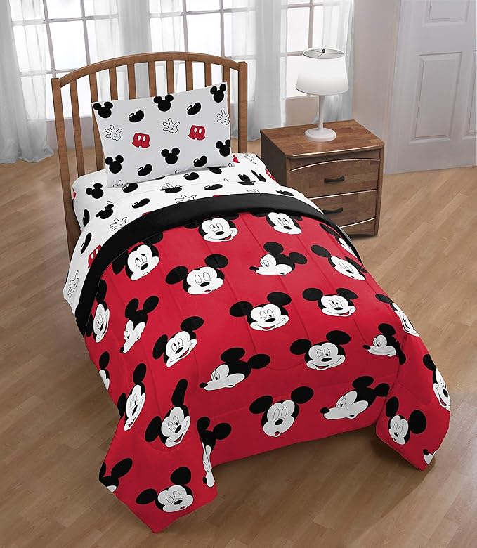 Jay Franco Disney Mickey Mouse Cute Faces 4 Piece Twin Bed Set - Includes Comforter & Sheet Set - Super Soft Fade Resistant Polyester - (Official Disney Product)