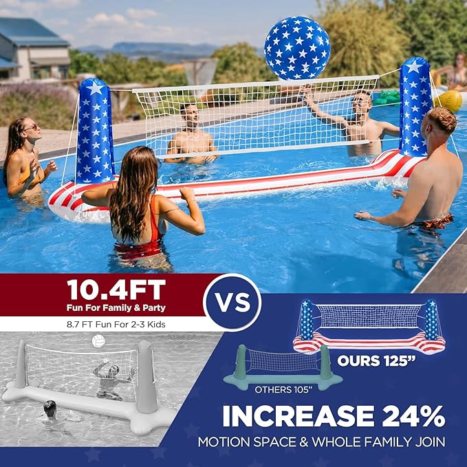10.4' Larger Pool Volleyball Set - 2024 NEW Inground Pool Volleyball Net & Basketball Hoop, Inflatable Water Games for Adults and Family, Pool Floating Toys for Kids 8-12 | Teens Summer Floaties