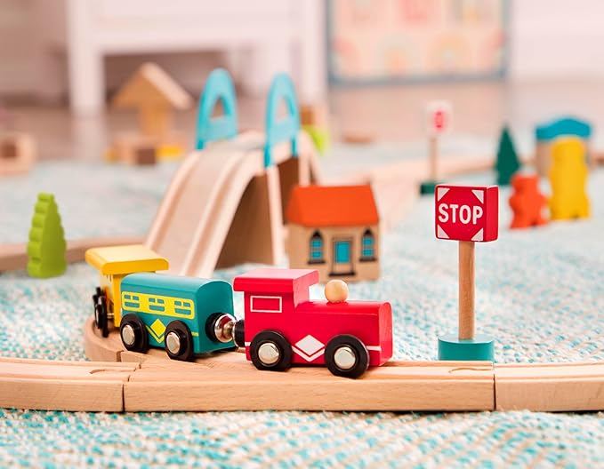 B. toys- Wood & Wheels Train Set- 47pc Wooden Train Set- Train Tracks & Accessories – Storage Bucket with Mountain Lid – Classic Toys for Toddlers, Kids – 3 Years +