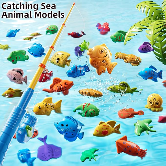 Magnet Fishing Toys Game for Kids 3-5 - Floating Fish Toys with Inflatable Kiddie Pool, Bath Toys for Toddlers, Pole Rod Net, Outdoor Party Toys for Boys Girls Kids Age 3 4 5 6 7 8 Year Old