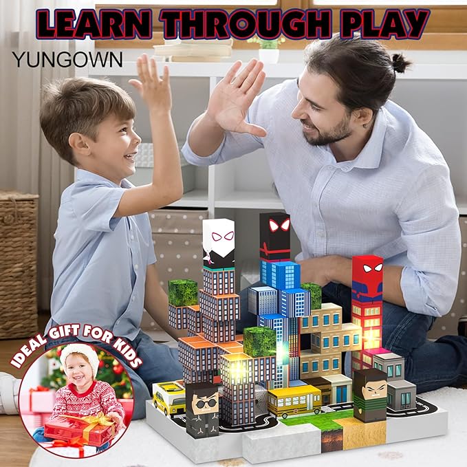 Magnetic Blocks Building Toys Set, Spider Toys Light Up Magnetic Building Blocks for Boys Girls Ages 3+, Magnet Cubes STEM Sensory Construction Toy City Themes